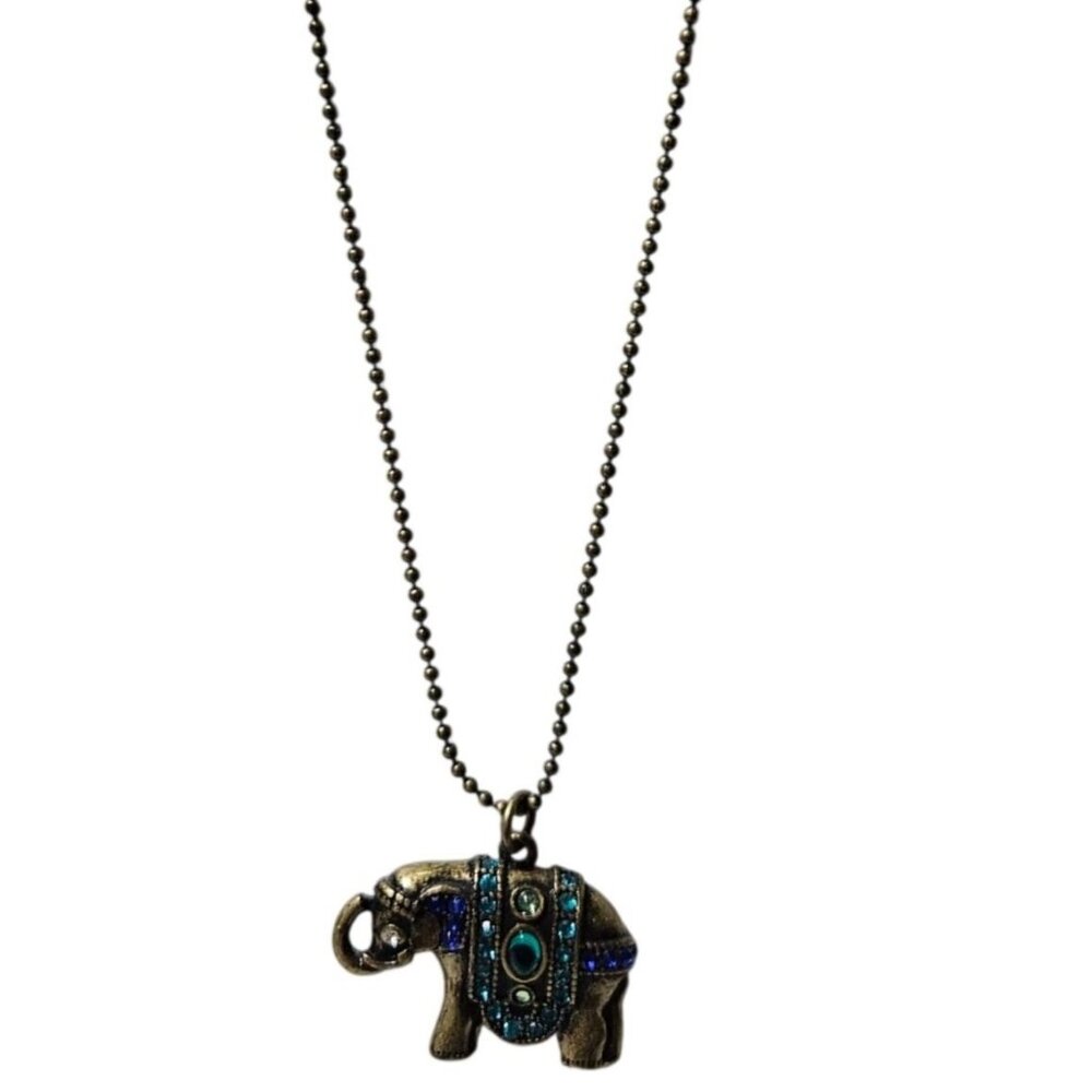 Vintage Elephant Pendant Necklace Blue Rhinestones Bohemian Ethnic Jewelry Women